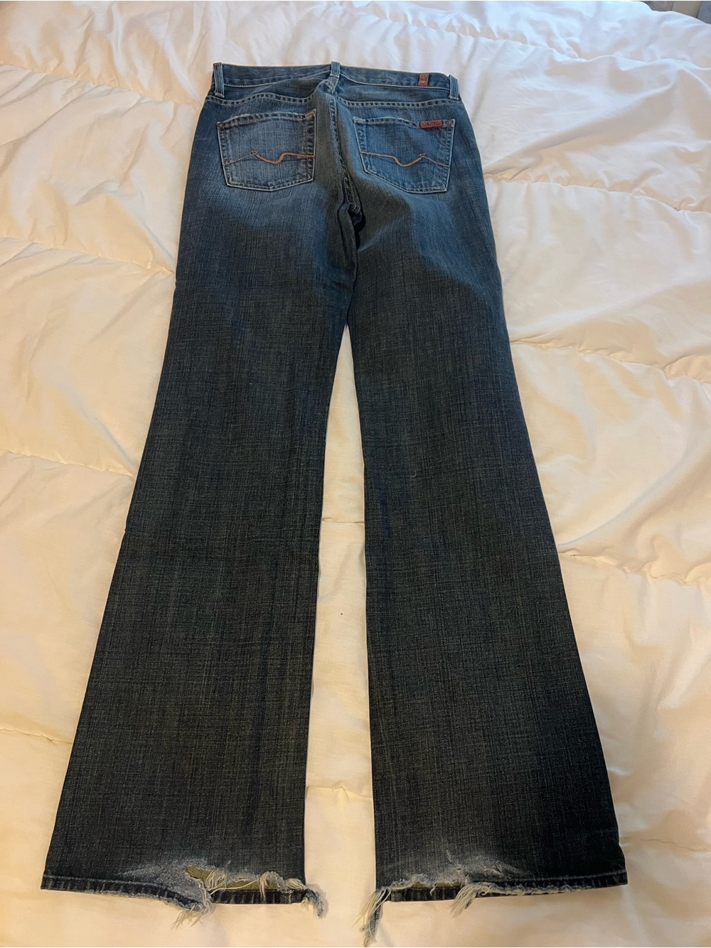 7 For All Mankind Dark Blue Flare Jeans with Raw Hem
